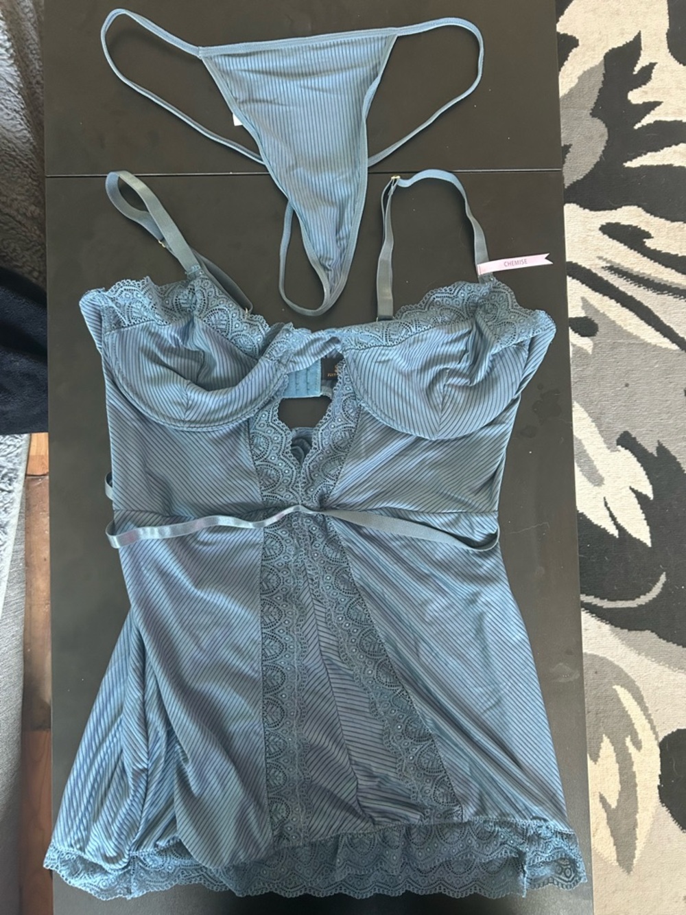 Lace-Trim Satin Chemise Set in Slate Blue